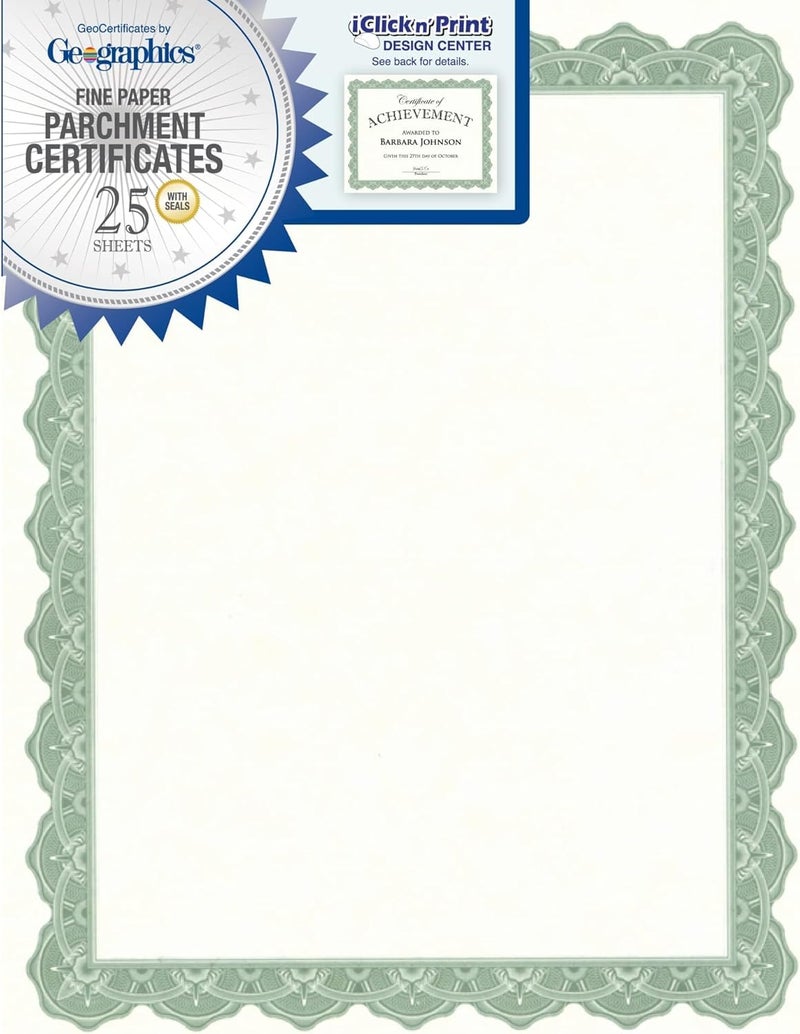 GeographicsÂ® 30% Recycled Blank Parchment Certificates, 8 1/2" x 11", Optima Green, Pack of 25 - Image 1